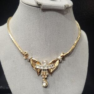 Vintage Signed Mazer Brorhers Clear Rhinestone Gold Tone Necklace Angel